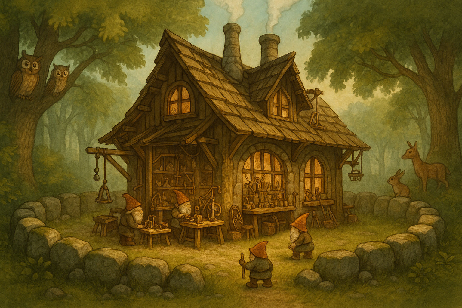Image of a workshop in a forest clearing with gnomes around